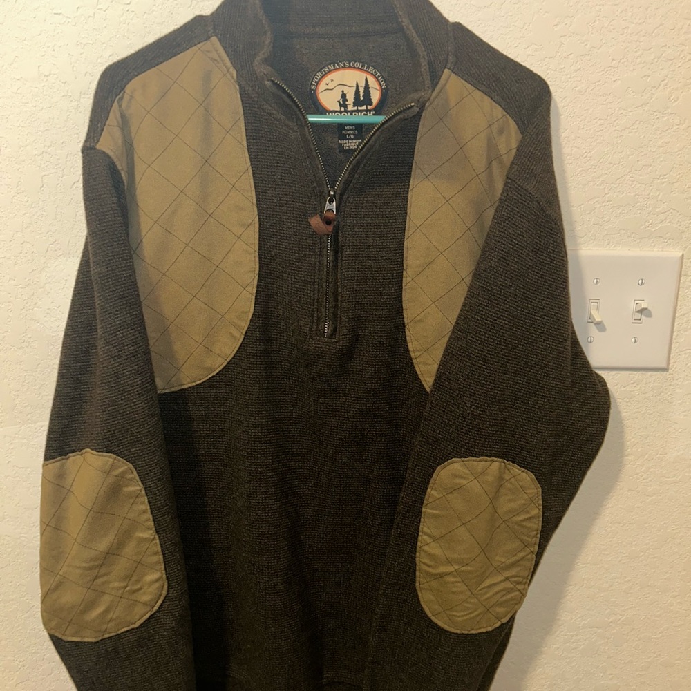 Woolrich Men's Dark Brown Zip-Up Sweater with Tan Patches